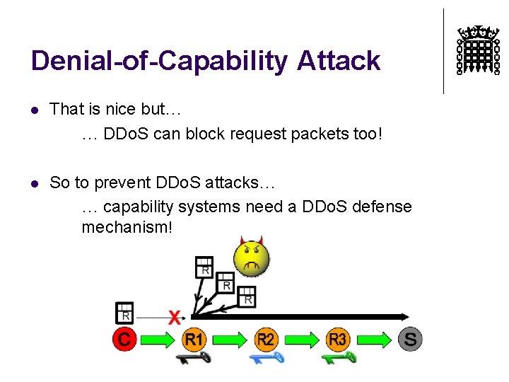 Denial-of-Capability Attack l That is nice but… … DDo. S can block request packets