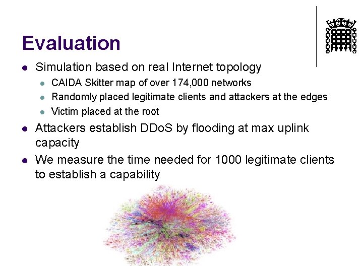 Evaluation l Simulation based on real Internet topology l l l CAIDA Skitter map