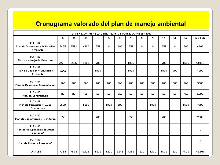 Cronograma valorado del plan de manejo ambiental INVERSION MENSUAL DEL PLAN DE MANEJO AMBIENTAL