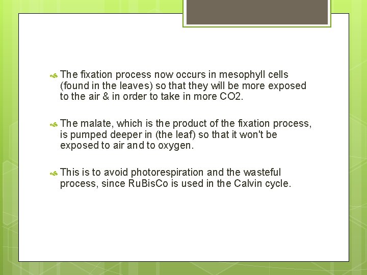  The fixation process now occurs in mesophyll cells (found in the leaves) so