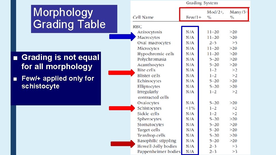 Morphology Grading Table ■ Grading is not equal for all morphology ■ Few/+ applied