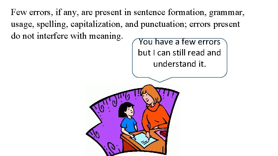 Few errors, if any, are present in sentence formation, grammar, usage, spelling, capitalization, and