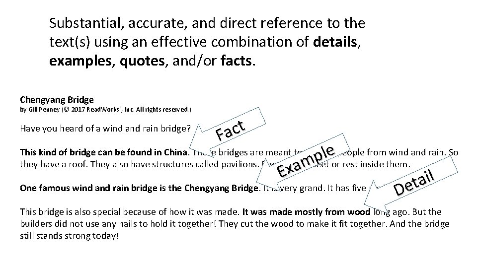 Substantial, accurate, and direct reference to the text(s) using an effective combination of details,