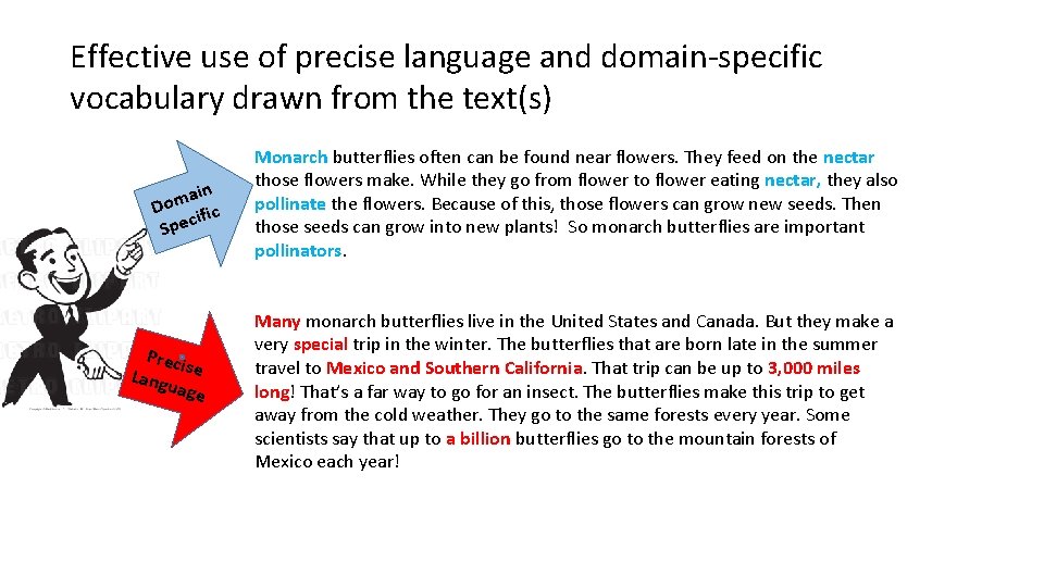 Effective use of precise language and domain-specific vocabulary drawn from the text(s) ain m