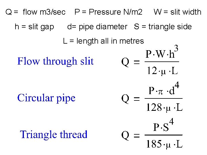 Q = flow m 3/sec h = slit gap P = Pressure N/m 2