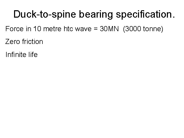 Duck-to-spine bearing specification. Force in 10 metre htc wave = 30 MN (3000 tonne)