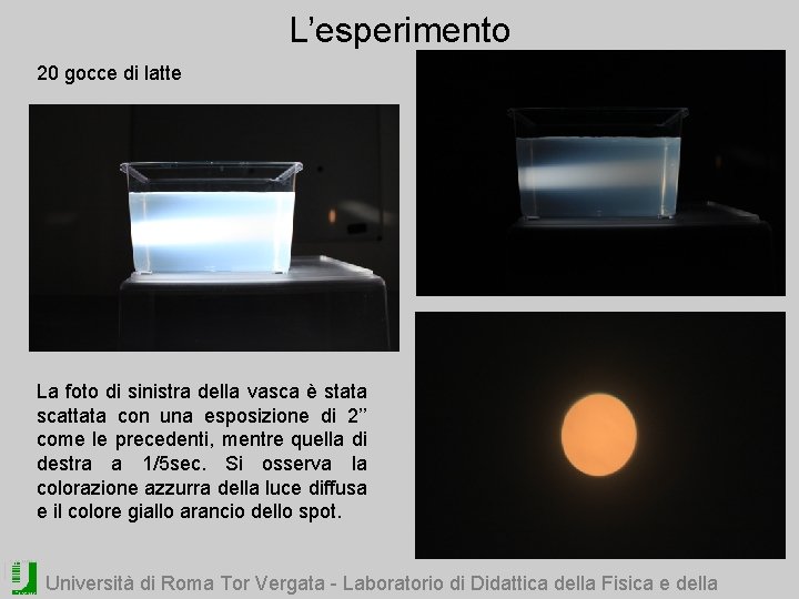 L’esperimento 20 gocce di latte La foto di sinistra della vasca è stata scattata