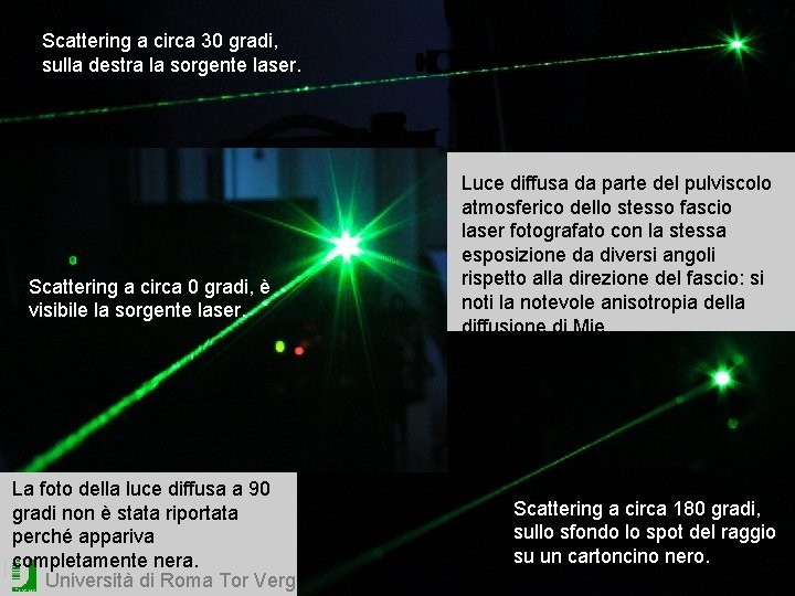Scattering a circa 30 gradi, sulla destra la sorgente laser. Scattering a circa 0