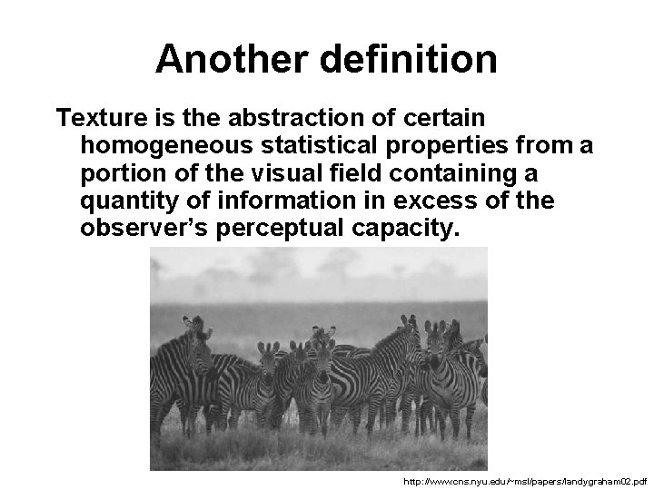 Another definition Texture is the abstraction of certain homogeneous statistical properties from a portion