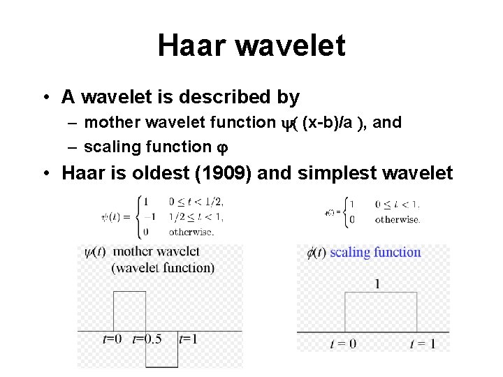 Haar wavelet • A wavelet is described by – mother wavelet function y( (x-b)/a