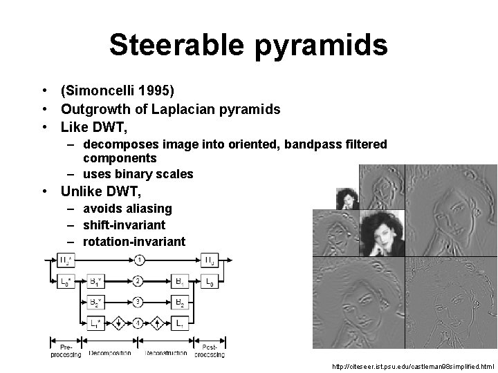 Steerable pyramids • (Simoncelli 1995) • Outgrowth of Laplacian pyramids • Like DWT, –