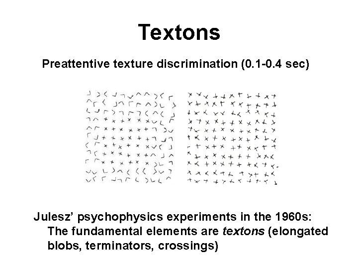 Textons Preattentive texture discrimination (0. 1 -0. 4 sec) Julesz’ psychophysics experiments in the