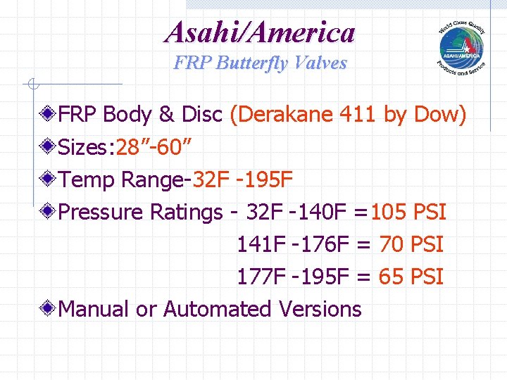 Asahi/America FRP Butterfly Valves FRP Body & Disc (Derakane 411 by Dow) Sizes: 28”-60”