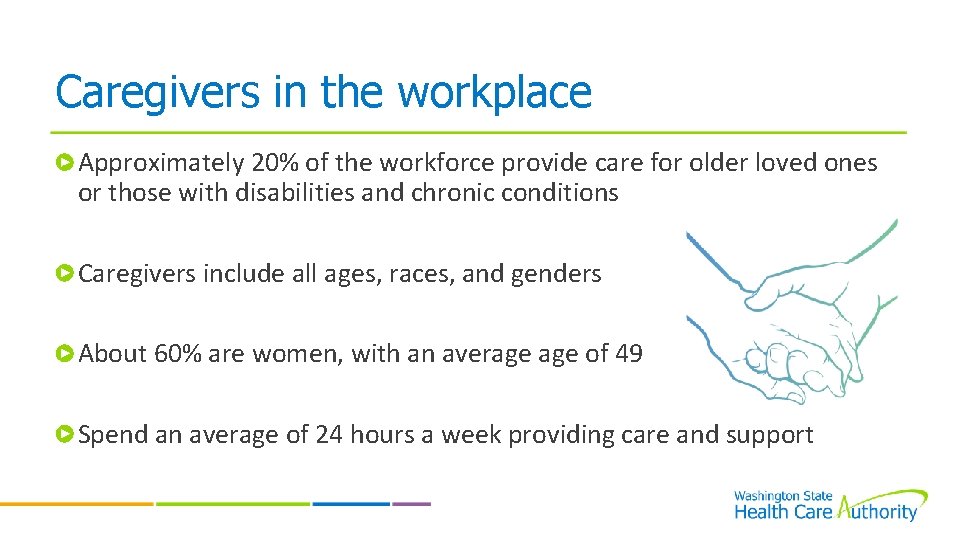 Caregivers in the workplace Approximately 20% of the workforce provide care for older loved