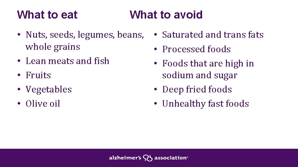 What to eat What to avoid • Nuts, seeds, legumes, beans, whole grains •