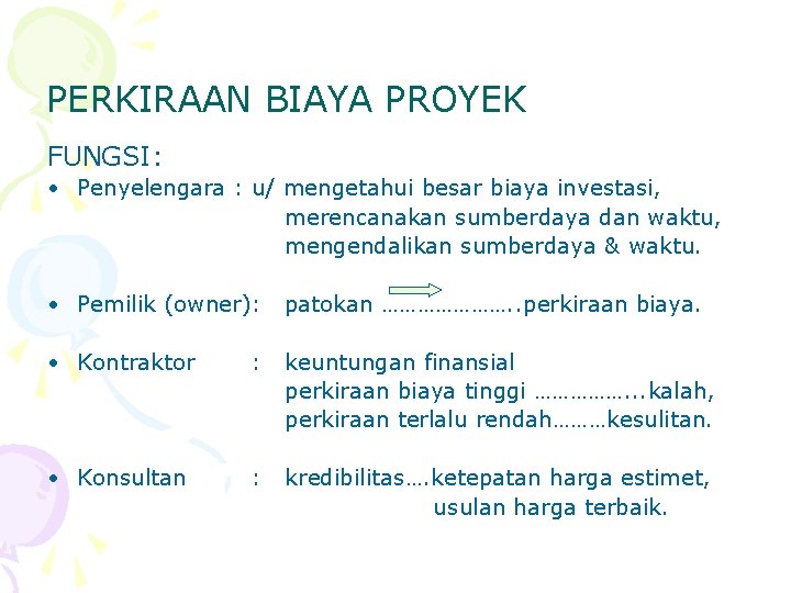 PERKIRAAN BIAYA PROYEK FUNGSI: • Penyelengara : u/ mengetahui besar biaya investasi, merencanakan sumberdaya