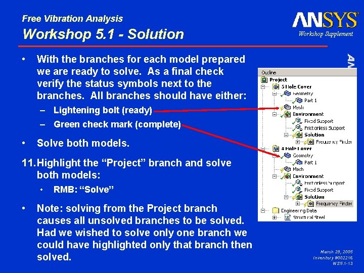 Free Vibration Analysis Workshop 5. 1 - Solution With the branches for each model