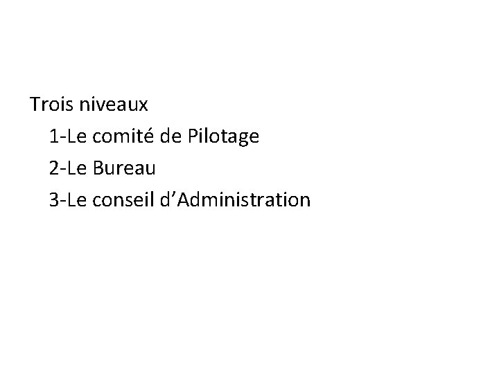 Trois niveaux 1 -Le comité de Pilotage 2 -Le Bureau 3 -Le conseil d’Administration