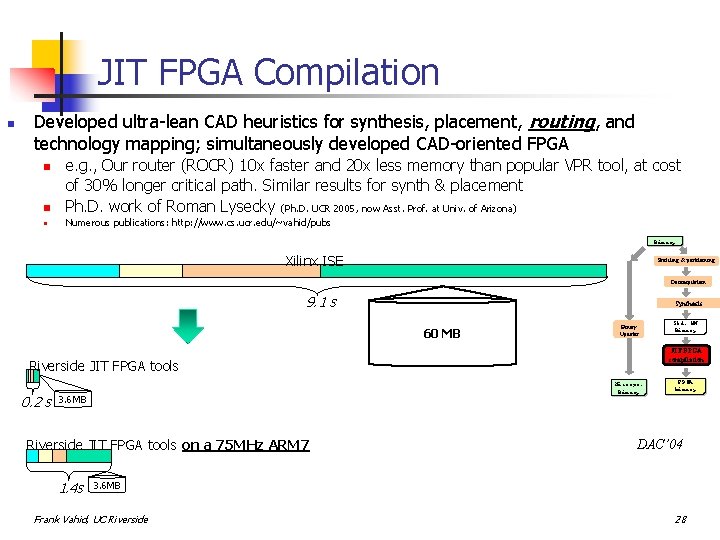 JIT FPGA Compilation n Developed ultra-lean CAD heuristics for synthesis, placement, routing, and technology
