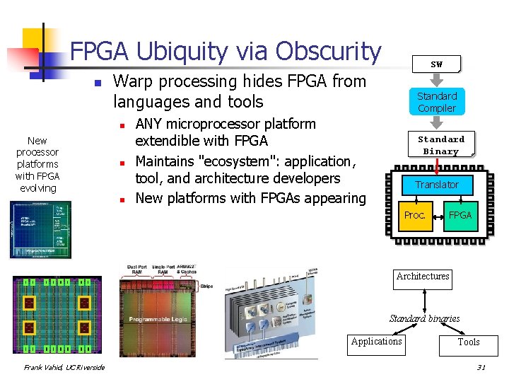 FPGA Ubiquity via Obscurity n Warp processing hides FPGA from languages and tools n