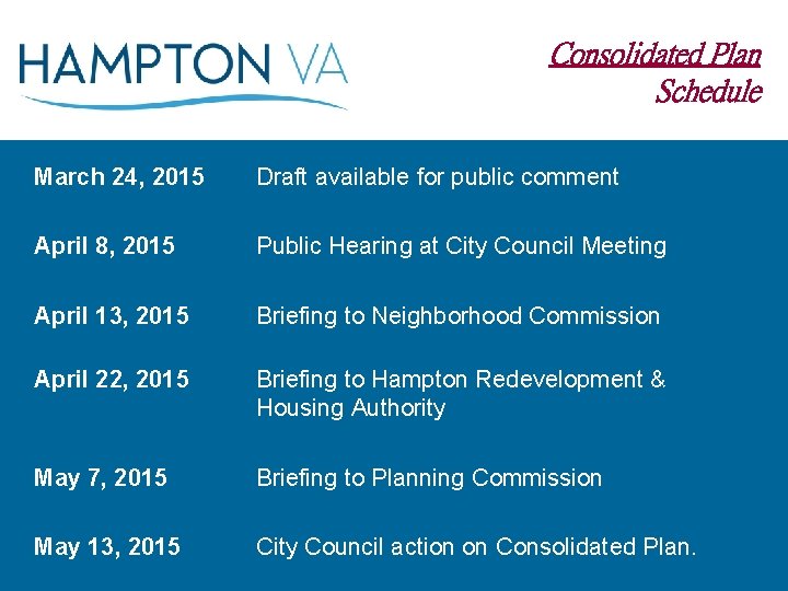 Consolidated Plan Schedule March 24, 2015 Draft available for public comment April 8, 2015