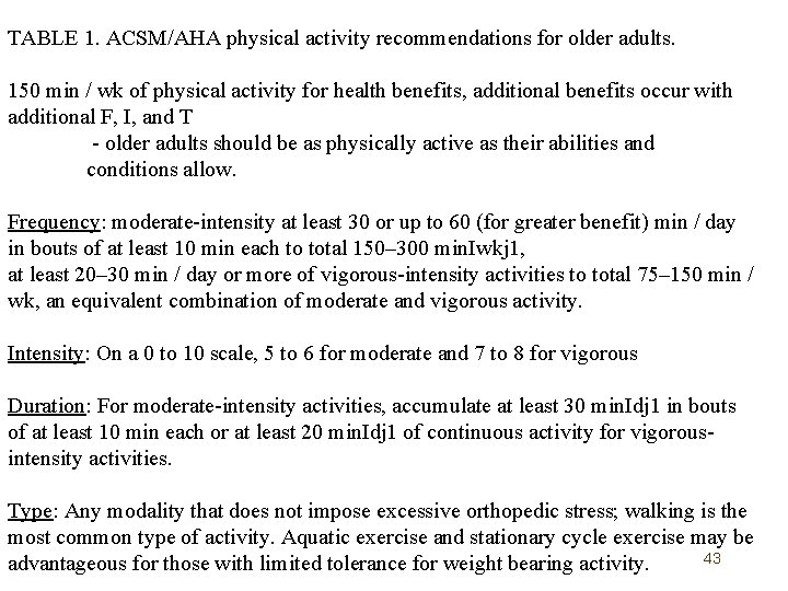 TABLE 1. ACSM/AHA physical activity recommendations for older adults. 150 min / wk of