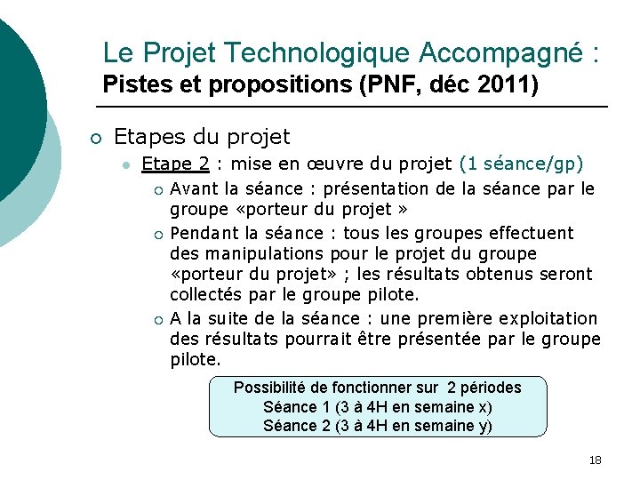 Le Projet Technologique Accompagné : Pistes et propositions (PNF, déc 2011) ¡ Etapes du