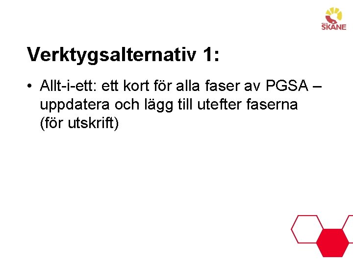 Verktygsalternativ 1: • Allt-i-ett: ett kort för alla faser av PGSA – uppdatera och