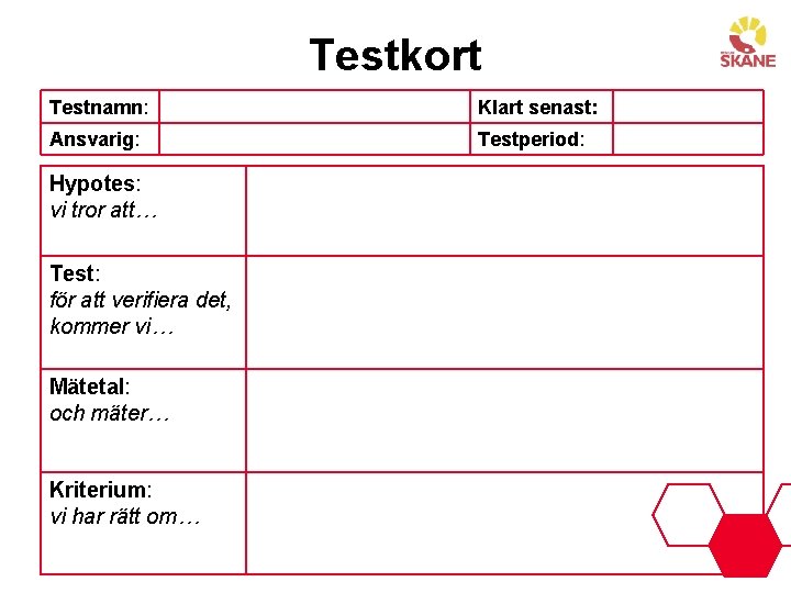 Testkort Testnamn: Klart senast: Ansvarig: Testperiod: Hypotes: vi tror att… Test: för att verifiera