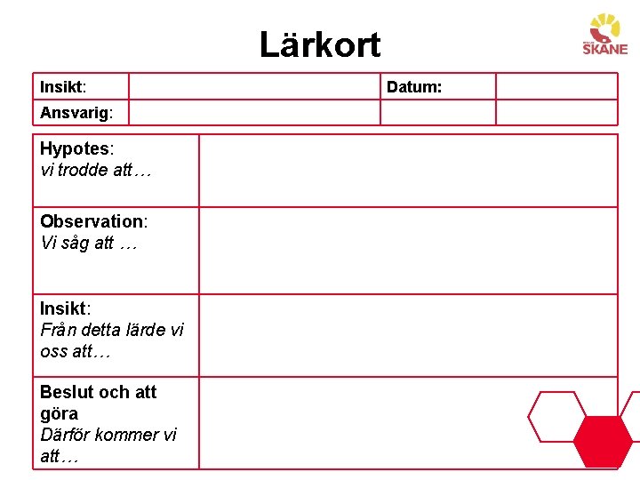 Lärkort Insikt: Ansvarig: Hypotes: vi trodde att… Observation: Vi såg att … Insikt: Från