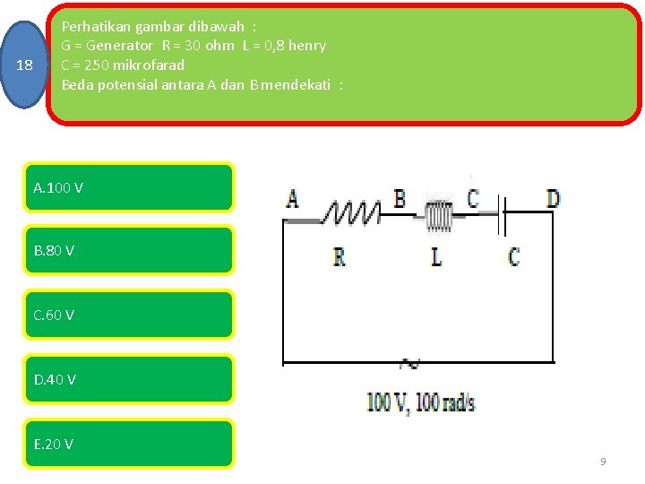 18 Perhatikan gambar dibawah : G = Generator R = 30 ohm L =