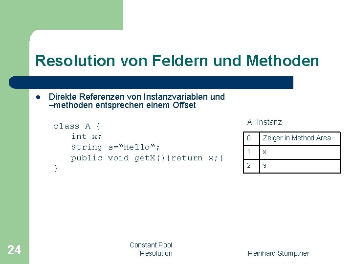 Resolution von Feldern und Methoden l Direkte Referenzen von Instanzvariablen und –methoden entsprechen einem