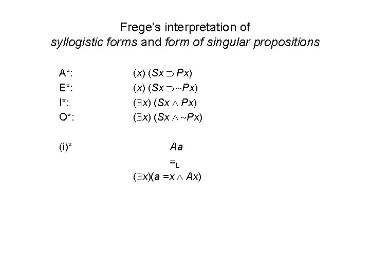 Frege’s interpretation of syllogistic forms and form of singular propositions A*: E*: I*: O*: