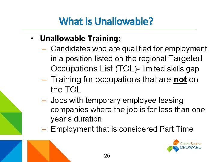 What Is Unallowable? • Unallowable Training: – Candidates who are qualified for employment in