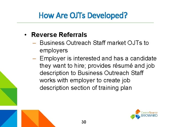 How Are OJTs Developed? • Reverse Referrals – Business Outreach Staff market OJTs to