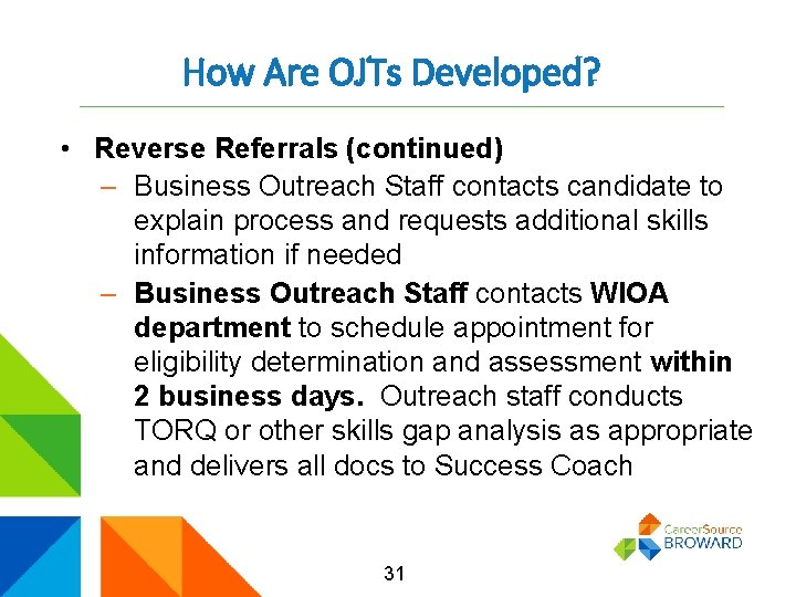 How Are OJTs Developed? • Reverse Referrals (continued) – Business Outreach Staff contacts candidate