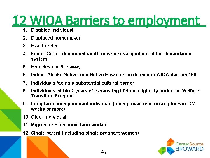 12 WIOA Barriers to employment 1. Disabled Individual 2. Displaced homemaker 3. Ex-Offender 4.