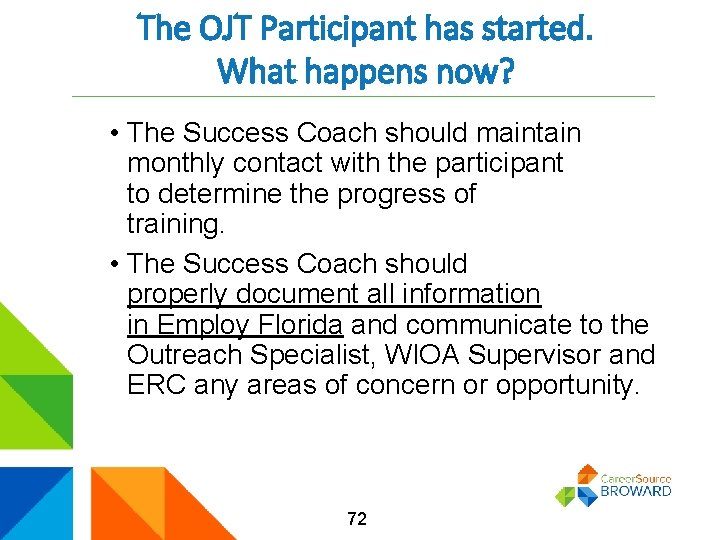 The OJT Participant has started. What happens now? • The Success Coach should maintain