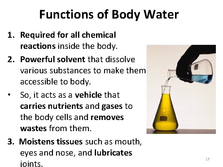 Functions of Body Water 1. Required for all chemical reactions inside the body. 2.