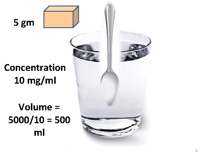 5 gm Concentration 10 mg/ml Volume = 5000/10 = 500 ml 5 