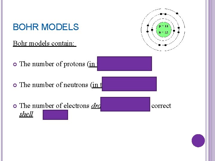 BOHR MODELS Bohr models contain: The number of protons (in the nucleus) The number