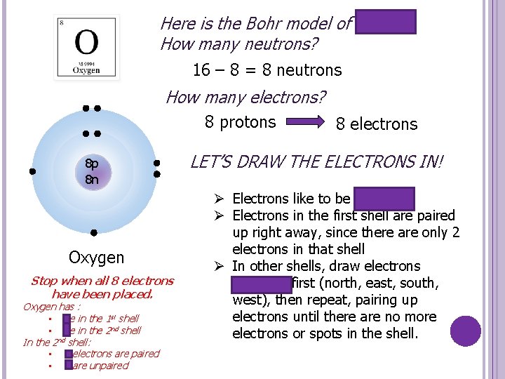 Here is the Bohr model of oxygen. How many neutrons? 16 – 8 =