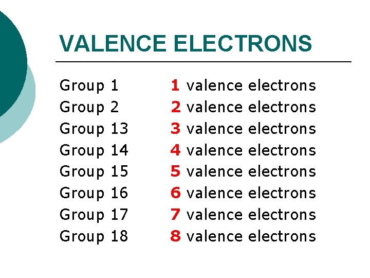 VALENCE ELECTRONS Group 1 Group 2 Group 13 Group 14 Group 15 Group 16
