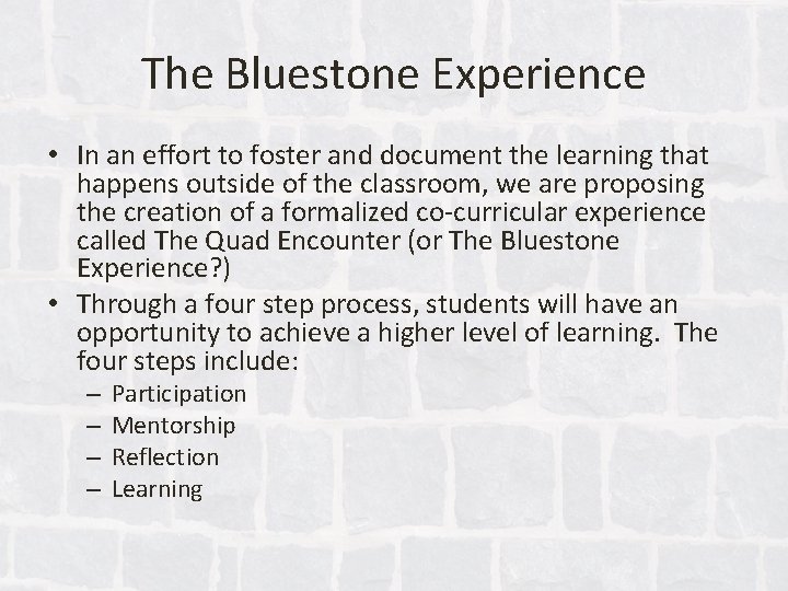 The Bluestone Experience • In an effort to foster and document the learning that