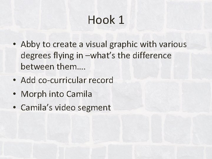 Hook 1 • Abby to create a visual graphic with various degrees flying in