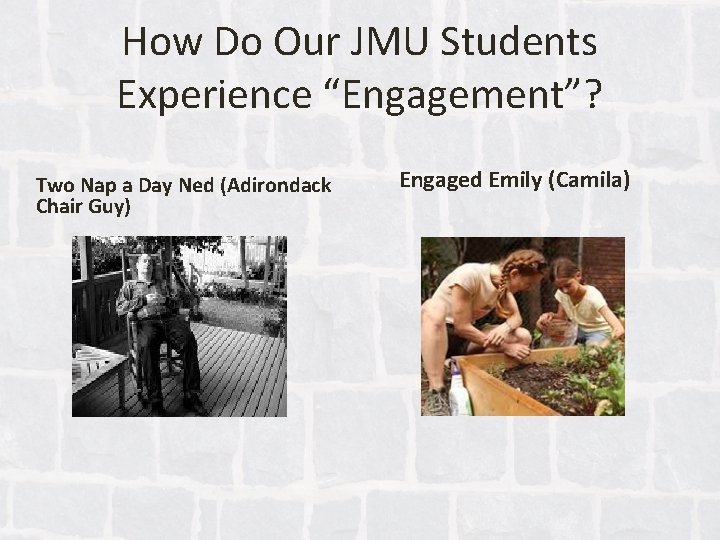 How Do Our JMU Students Experience “Engagement”? Two Nap a Day Ned (Adirondack Chair