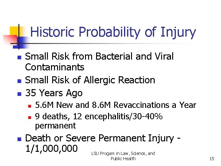 Historic Probability of Injury n n n Small Risk from Bacterial and Viral Contaminants