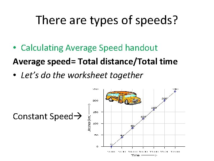There are types of speeds? • Calculating Average Speed handout Average speed= Total distance/Total