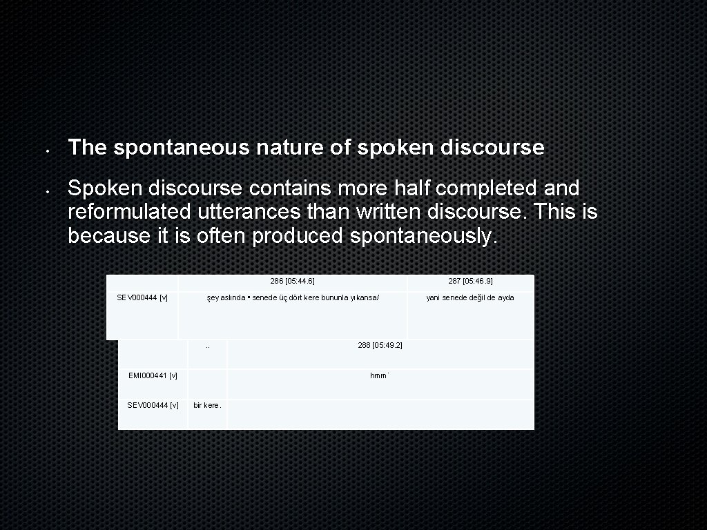  • • The spontaneous nature of spoken discourse Spoken discourse contains more half