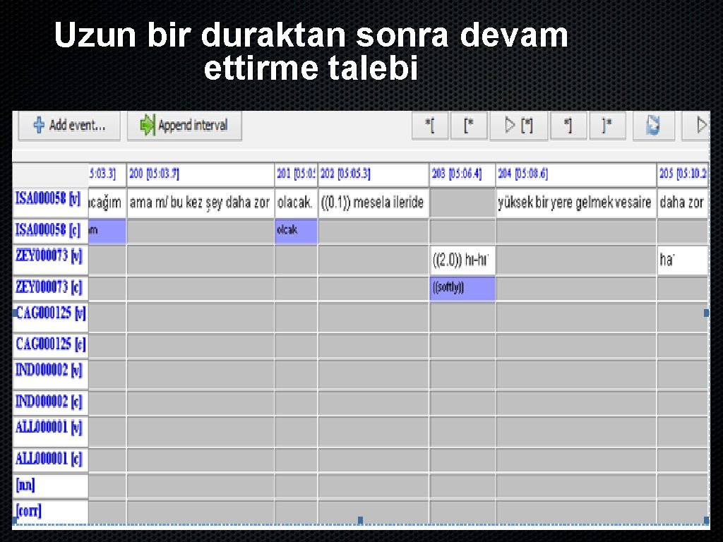 Uzun bir duraktan sonra devam ettirme talebi Hı-hı & evet in Spoken Turkish Corpus: